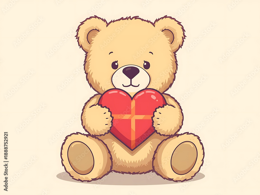 Fototapeta premium A sweet brown plush teddy bear sits isolated as a soft stuffed animal toy, holding a red heart in a cute cartoon vector illustration perfect for a childhood gift of love