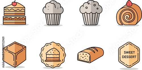 Set of Sweet Dessert and Bakery Icons, Flat Vector Cake Muffin Swiss Roll and Bread Illustrations for Cafe and Pastry Shop