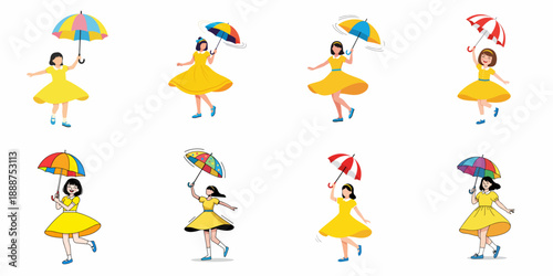 Cheerful young women in yellow dresses dancing and twirling happily with colorful umbrellas, vector illustration set isolated on white background.