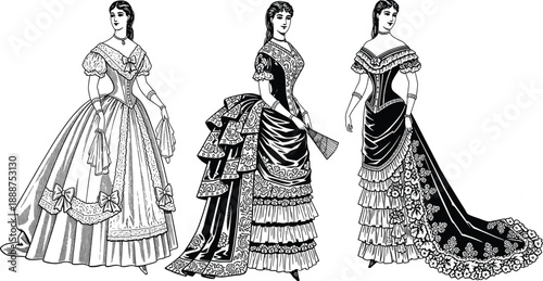 Victorian era fashion illustration featuring elegant women in historical dresses, vintage gowns, lace details, embroidery, and classic costume design.