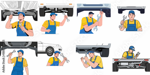 Vector set of professional auto mechanic working on car undercarriage repair and maintenance service.