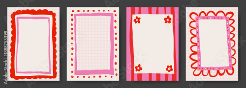 Hand drawn doodle style pink and red borders. Graphic design for Valentine's Day, party invitations, social posts, borders and cute decoration. Vector illustration.