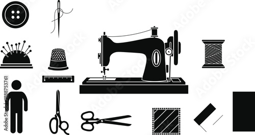 Vintage sewing machine with tailoring tools, thread, scissors, needle, button, thimble, ruler, fabric, pincushion, and seam ripper icons