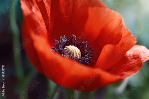 Close-up of vibrant red poppy flower blooming in sunlight