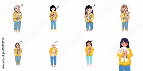 Eight sleepy women and girls in pajamas hugging stuffed bunny toys, depicting tiredness, insomnia, or drowsiness, isolated vector illustration set.