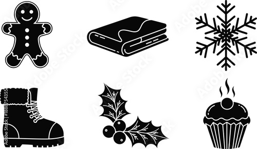 Winter holiday silhouette icons set with gingerbread, snowflake, holly, cupcake, boot, blanket – festive seasonal vector graphic pack