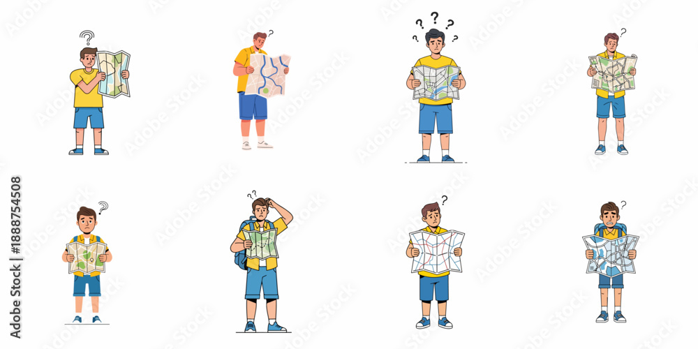 Fototapeta premium Set of vector illustrations showing confused male tourists or travelers holding large paper maps, lost and searching for direction during their journey.