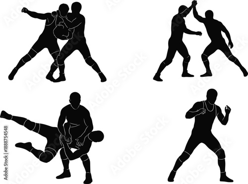 Wrestling silhouette collection showing grappling, takedown, and stance poses for sports training, martial arts, and athletic vector design.