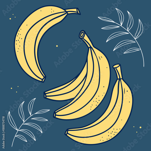 Stylized Yellow Bananas and Tropical Leaves Illustration