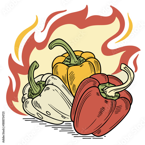 Three Bell Peppers With Flames