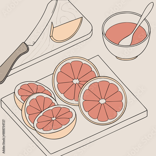 Sliced Grapefruit and Juice on a Cutting Board