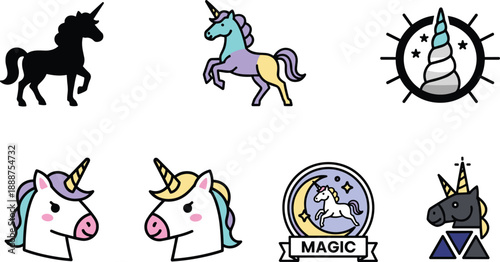 Unicorn Silhouette and Magic Badge Icon Collection Flat Vector Set