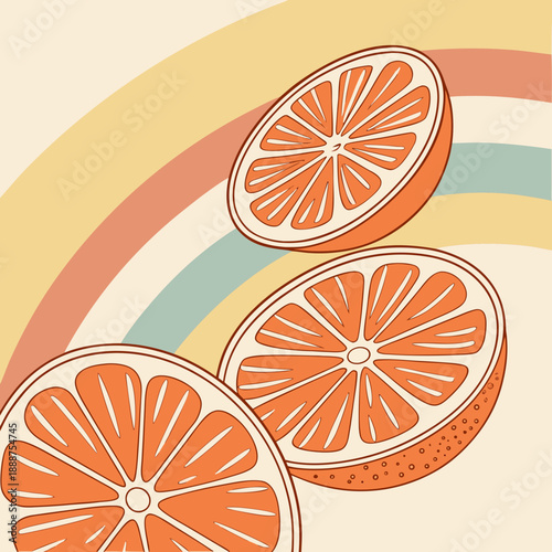 Vibrant Orange Slices with Retro Rainbow Background