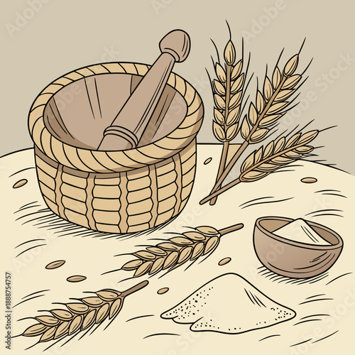 Wheat grains and flour with mortar and pestle in basket