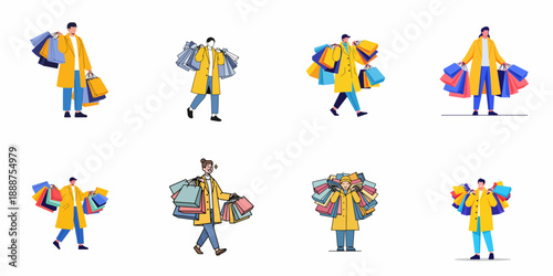 Vector illustration set of diverse people carrying large amounts of shopping bags, symbolizing consumerism, sale events, and retail enjoyment.