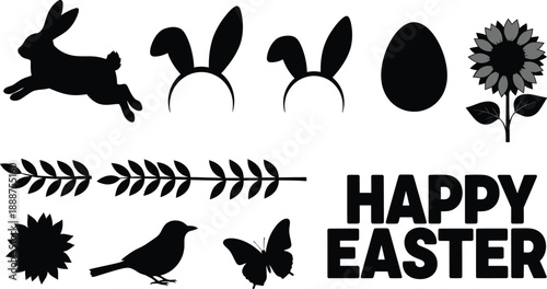 Happy Easter holiday celebration silhouettes featuring a jumping rabbit, bunny ears, egg, sunflower, bird, butterfly, and decorative leaves.