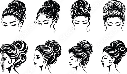 Silhouette vector of a feminine face featuring a voluminous bun hairstyle with bold, closed eyes to convey a serene yet powerful expression, for use in fashion branding or graphic design vector art.