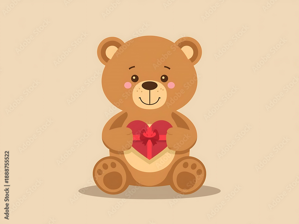 Fototapeta premium A cute brown teddy bear sits as a sweet soft toy illustration, holding a red heart gift in a cartoon vector art design perfect for a childhood Valentine icon