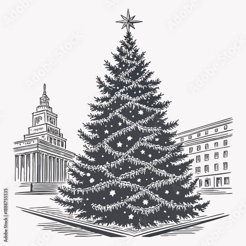 Festive Christmas Tree in City Square Illustration.