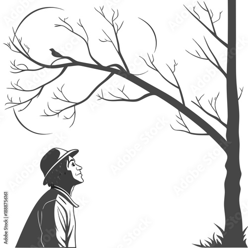 Man Gazing at Bird on Bare Tree Branch in Winter.