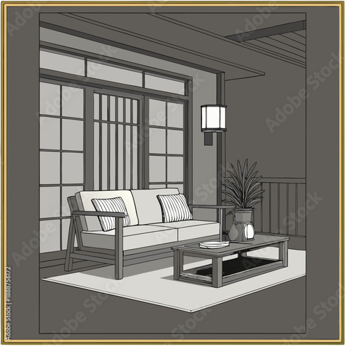 Minimalist JapaneseStyle Living Room Illustration with Sofa and Plant.