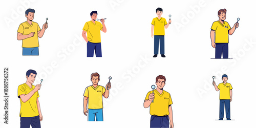Vector set of male dentists or hygienists in yellow scrubs holding a dental mirror, illustrating professional oral care and modern healthcare staff.