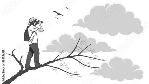 Photographer on a branch capturing birds in flight.