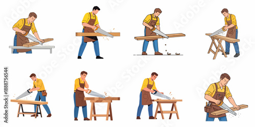Set of 8 illustrations depicting a craftsman or carpenter sawing wood planks using a handsaw, focusing on woodworking and construction tasks.
