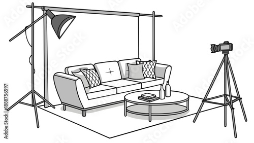 Product Photography Setup with Sofa Camera and Lighting.