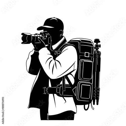 Photographer with backpack taking pictures outdoors in black and white  