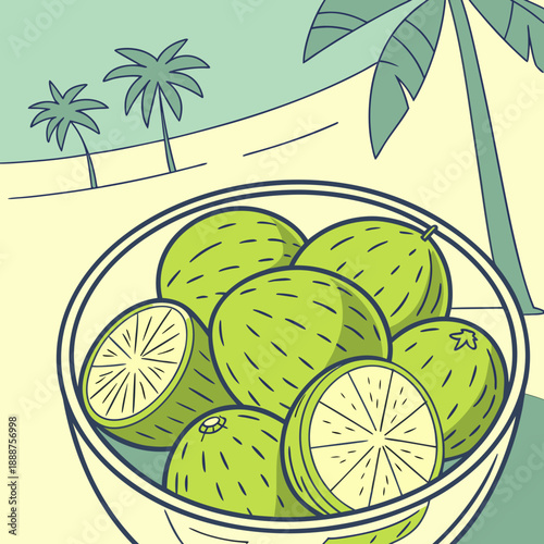 Bowl of fresh green limes with tropical background