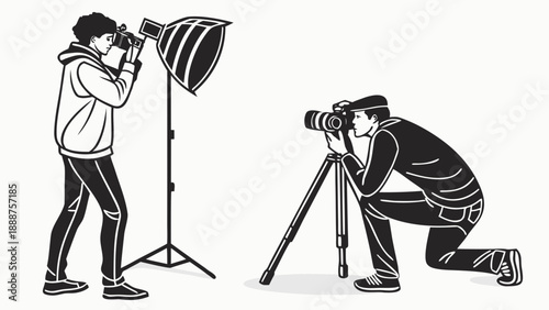 Two photographers in action capturing moments with their cameras and equipment.