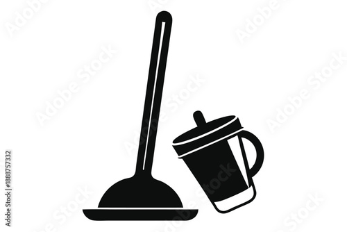 plunger with cup line art silhouette vector illustration