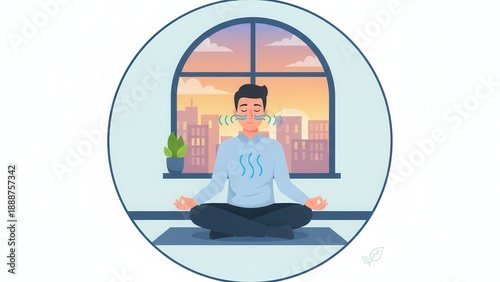 Man practicing mindful breathing and meditation indoors overlooking a tranquil city skyline view