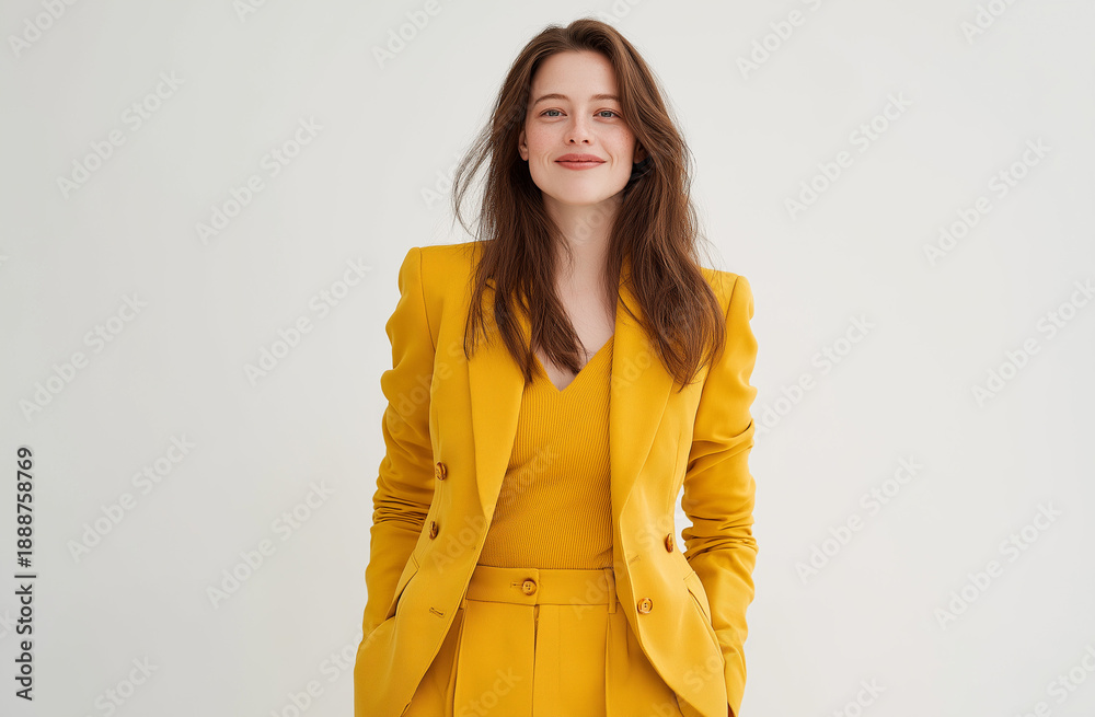 Obraz premium A confident businesswoman wearing a vibrant yellow suit standing alone