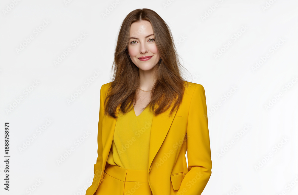 Obraz premium A young professional woman in a bright yellow business suit smiling confidently