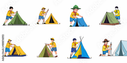 Scouts setting up camping tents vector illustration set, showing boys engaged in outdoor activity, adventure preparation, and survival skills.