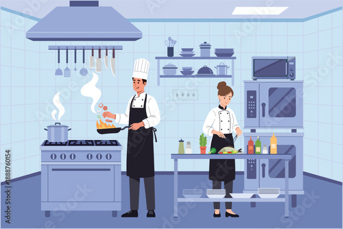 Professional Chefs Cooking Together in Restaurant Kitchen Illustration