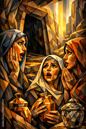 Easter Cubist depiction of three women at an empty tomb