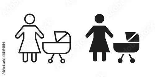 Woman with Baby Stroller icon vector logo design element. Vector emblem template.