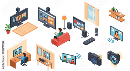 Isometric illustrations of video conferencing, remote work, smart home technology, and online communication setups.