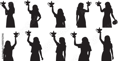 Silhouettes of women holding stars in various poses and dresses