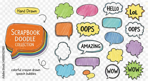 Colorful Crayon Speech Bubble Doodle Set for Scrapbooking and Fun Design Projects