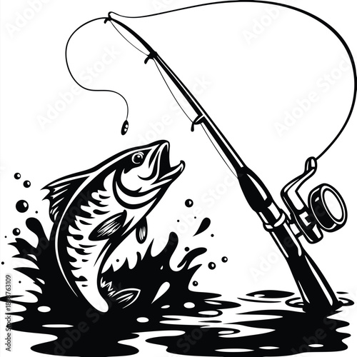 Sport Fishing Rod and Leaping Fish Silhouette for Outdoor Leisure Activity