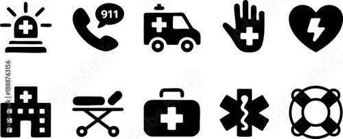 Emergency and Medical Response Icon Set – Ambulance, Hospital, and First Aid Vector EPS Pack