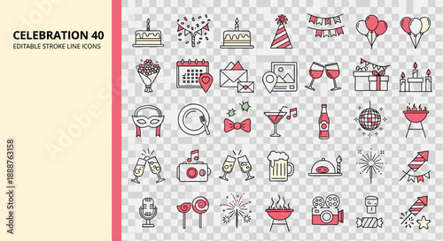 Celebration Line Icon Set for Party, Event, and Festive Design Projects