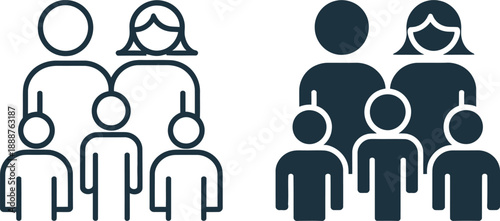 Group of People Family Icons Set in Outline and Solid Style