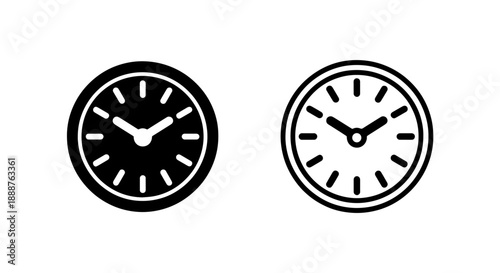 Simple Time Clock Icon Set: Solid and Outline Styles for Digital Interface and Business Productivity Applications.