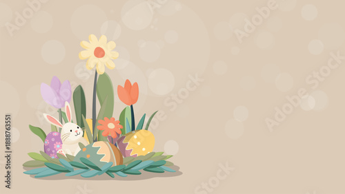 Cute Easter bunny with decorated eggs in the bush hand drawn style on beige background have blank space.