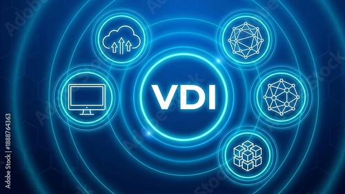VDI acronym, virtual desktop infrastructure concept, software that provides and manages virtual desktops hosted on premises or in the cloud. ai